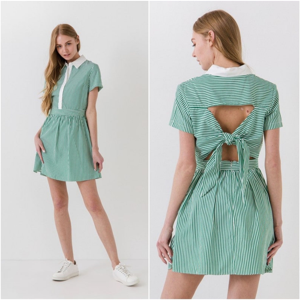 English Factory Green Striped Preppy Poplin Dress with Tie Back Collar Small